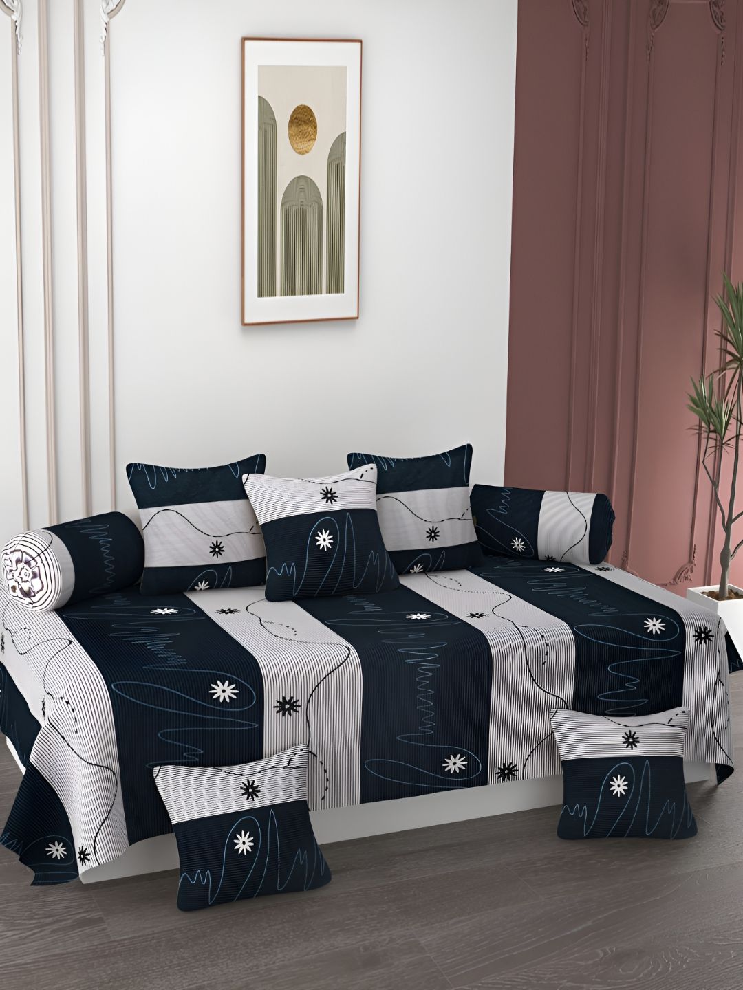 AMRANGE White & Navy Blue 8 Pieces Floral Printed Bedsheet with Bolster and Cushion Covers