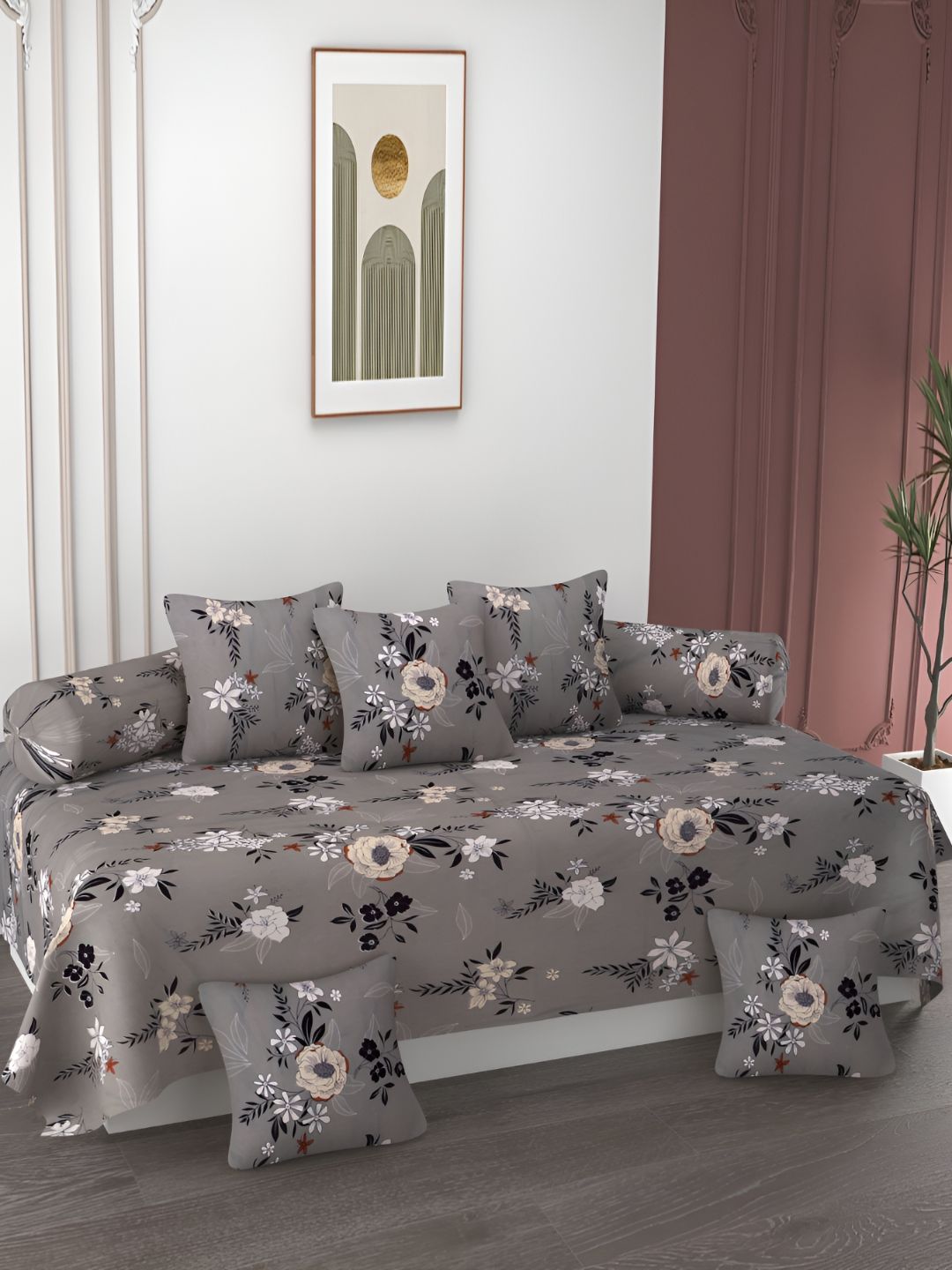 AMRANGE Grey & White 8 Pieces Floral Printed Diwan Set