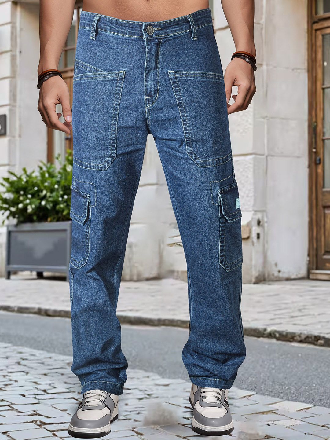 RIG BONE Men Loose Relaxed Fit Mid-Rise Light Fade Cargo Stretchable Jeans
