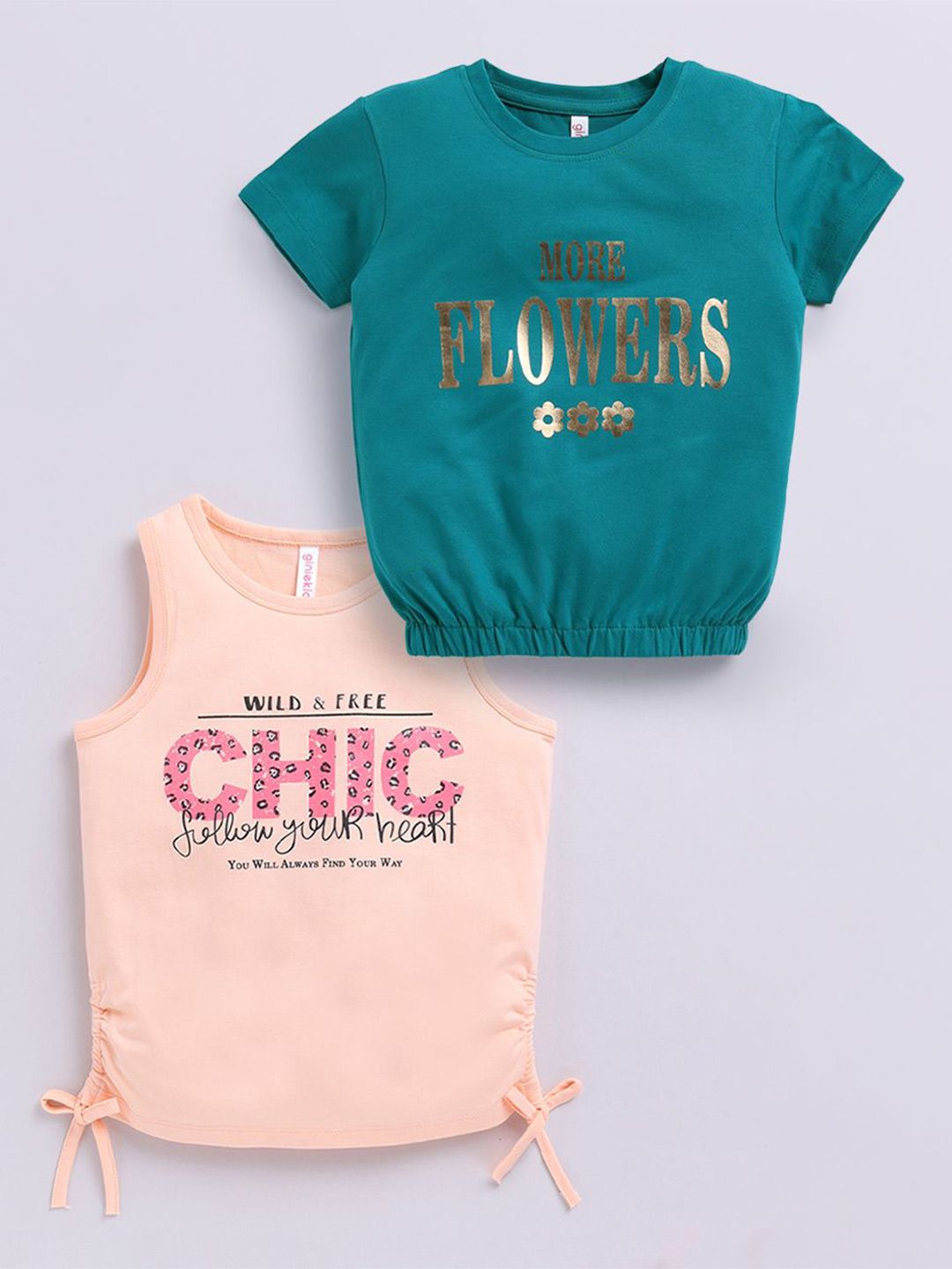 giniekids  Girls Pack Of 2 Typography Print Round Neck Cotton Top