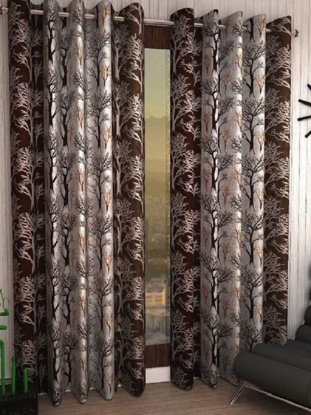 BELLA TRUE Brown & Grey 2 Pieces Floral Printed Long Door Curtains