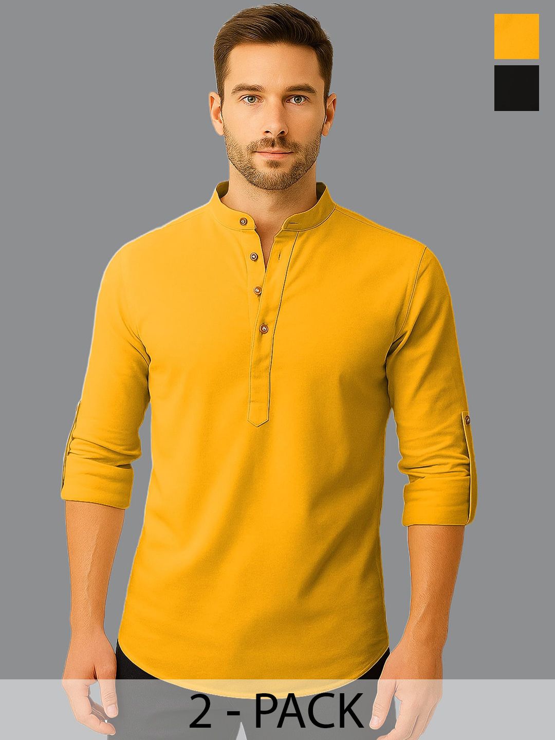 Vida Loca Selection Of 2 Band Collar Roll-Up Sleeves Cotton Straight Kurtas