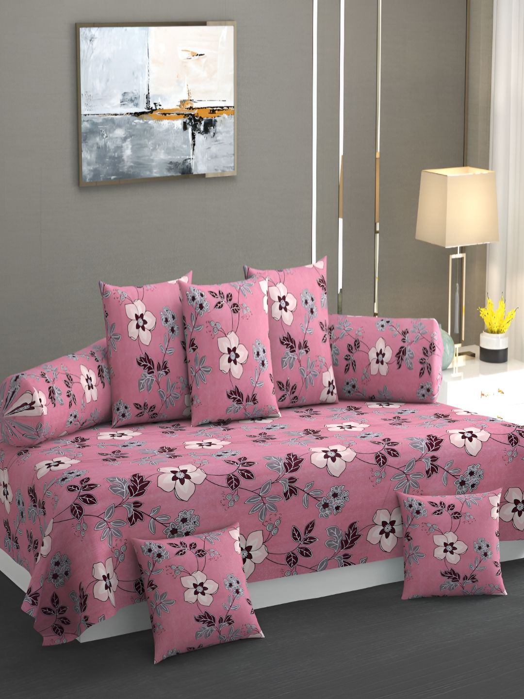 AMRANGE Set Of 8 Floral Printed Diwan Set