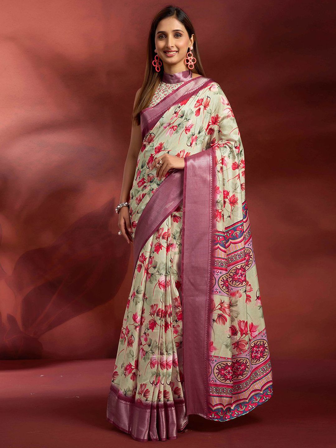 Mitera Floral Printed Zari Ready to Wear Saree