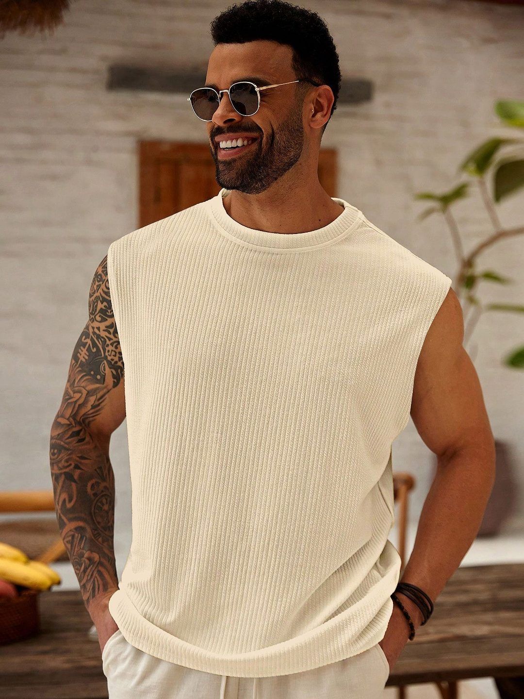 KAJARU Men Ribbed Sleeveless Cut Outs T-shirt