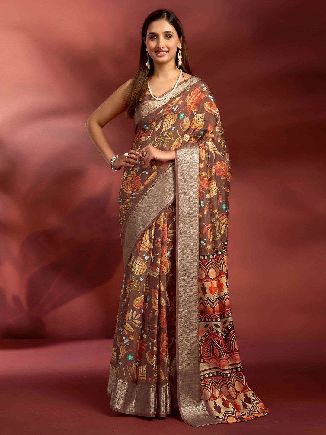 Mitera Floral Printed Woven Design Zari Saree