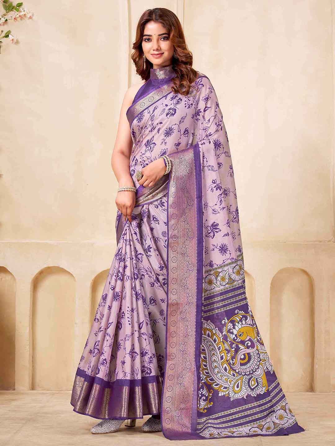 Mitera Floral Printed Zari Saree With Unstiched Blouse Piece