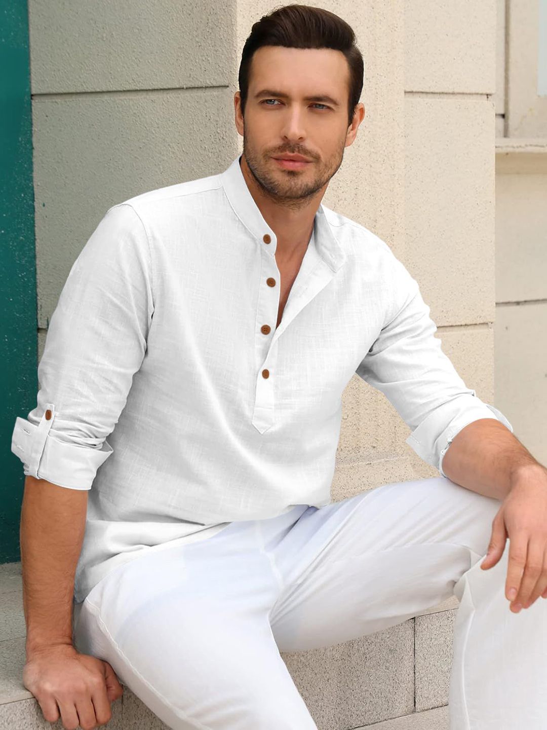 Zombom Men Checked Roll-Up Sleeves Regular Straight Above Knee Kurta