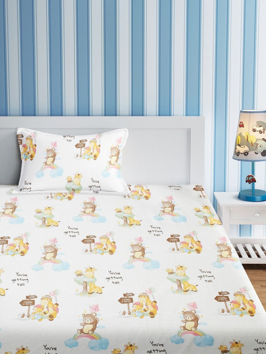 URBAN DREAM Kids White & Yellow Graphic Cotton 210 TC Single Bedsheet Set-1.5 m x 2.3 m