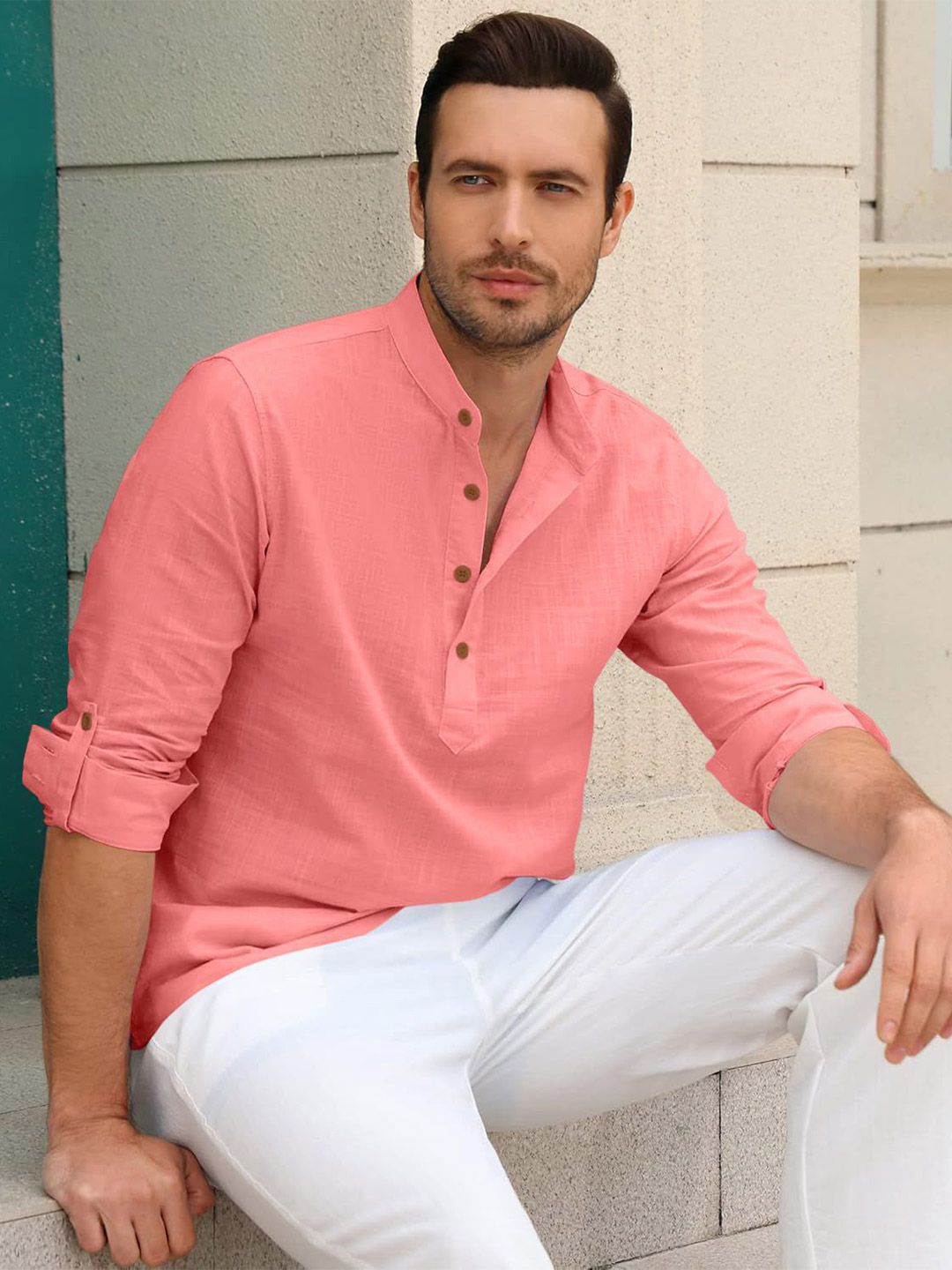 Zombom Men Band Collar Roll-Up Sleeves Straight Kurta