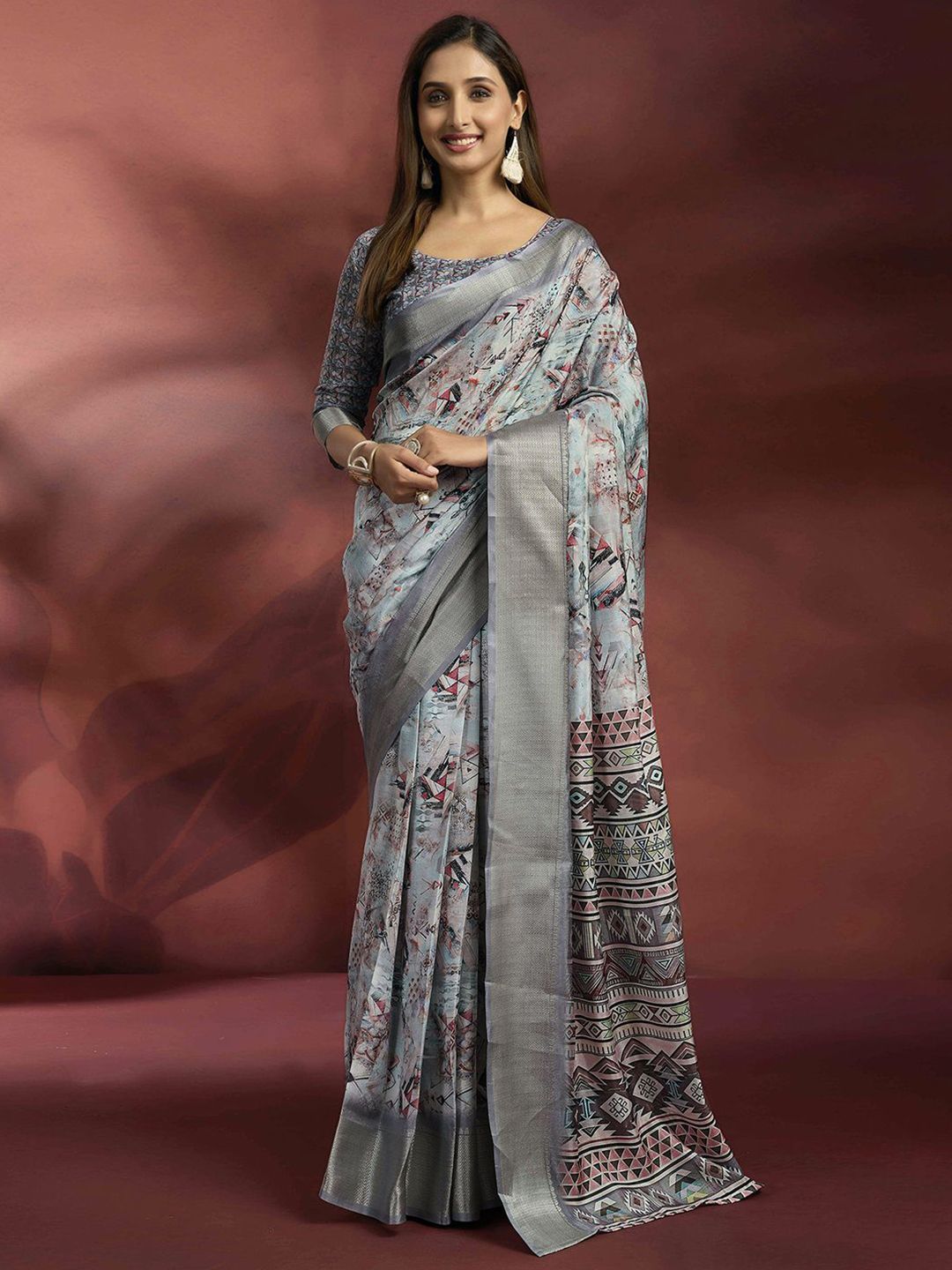 Mitera Ethnic Motifs Printed Zari Ready to Wear Saree