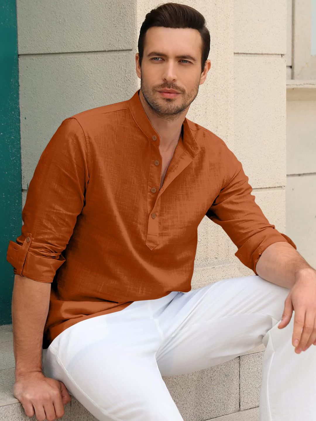 Zombom Men Cotton Mandarin Collar Roll Up Sleeves Short Kurta