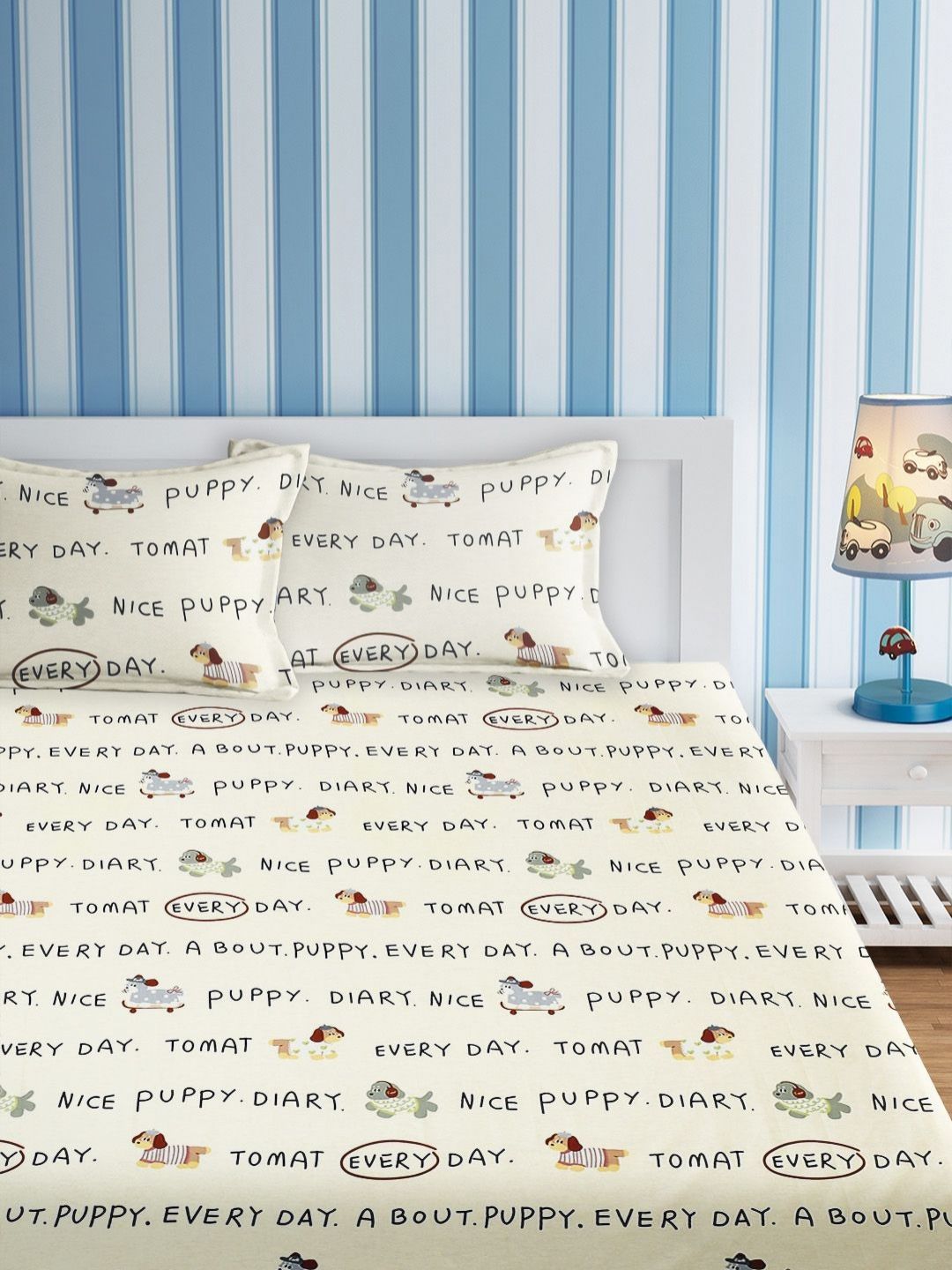 URBAN DREAM Kids White Typography Cotton 210 TC Double Queen Bedsheet Set-2.3m x 2.54m