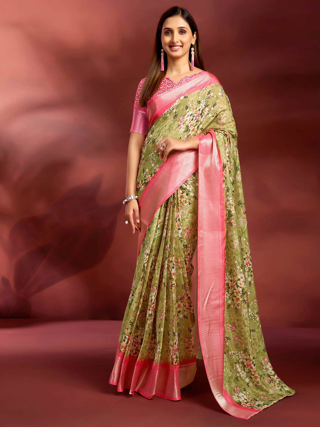 Mitera Floral Printed Zari Ready to Wear Saree