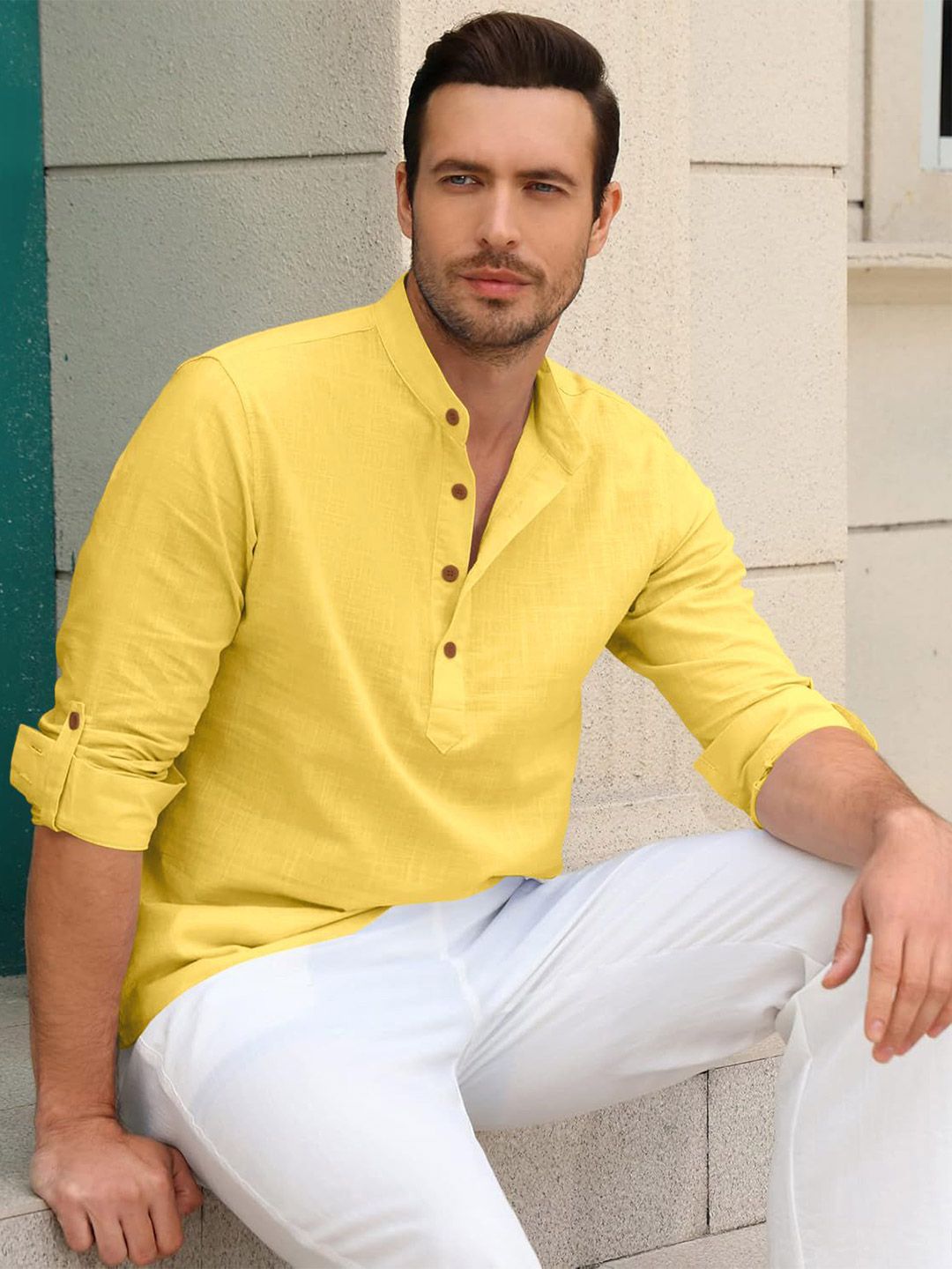 Zombom Men Mandarin Collar Straight Kurta