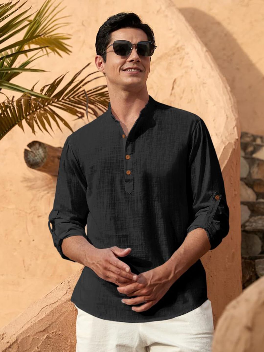 Zombom Men Solid Mandarin Collar Straight Kurta