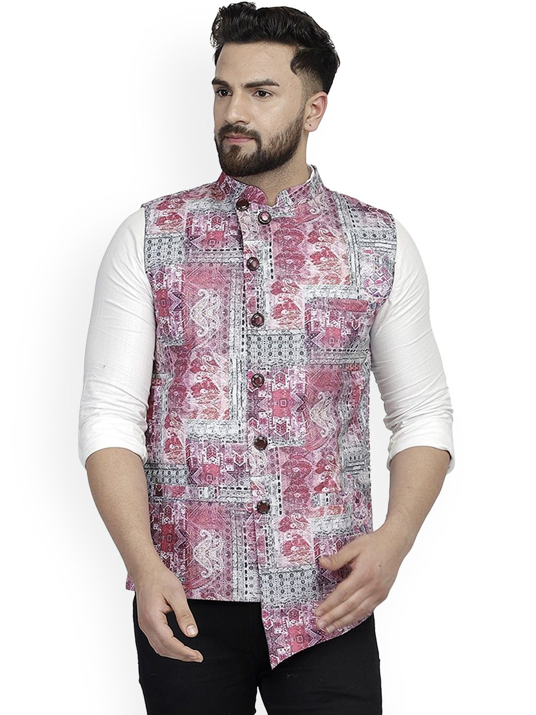 B BEN Printed Mandarin Collar Neck Woven Nehru Jacket