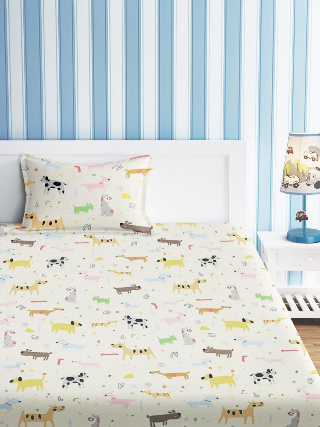 URBAN DREAM Kids White & Green Graphic Cotton 210 TC Single Bedsheet Set-1.5 m x 2.3 m