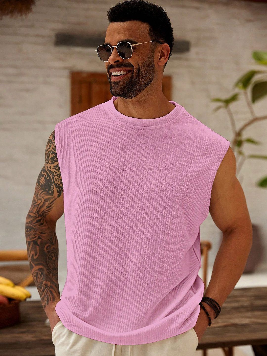 KAJARU Men Ribbed Sleeveless Regular Fit T-shirt
