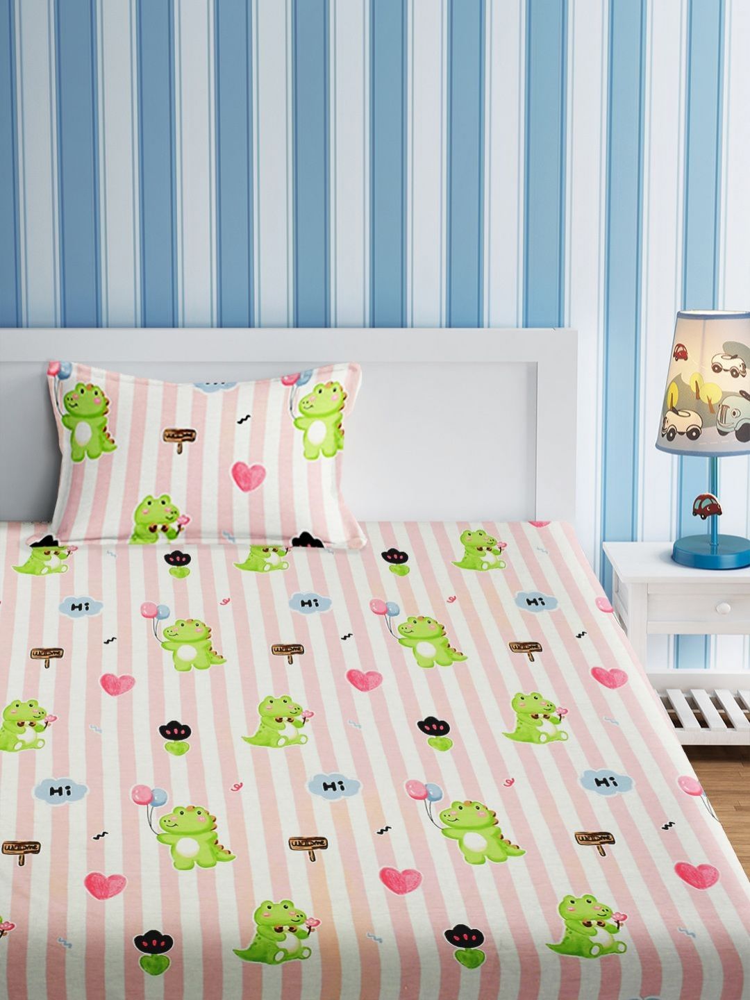 URBAN DREAM Kids Pink & White Graphic Cotton 210 TC Single Bedsheet Set-1.5 m x 2.3 m
