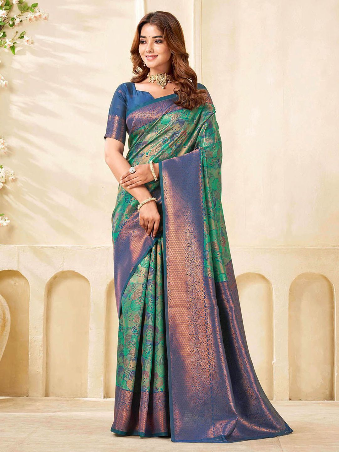 Mitera Floral Woven Design Zari Saree With Unstiched Blouse Piece