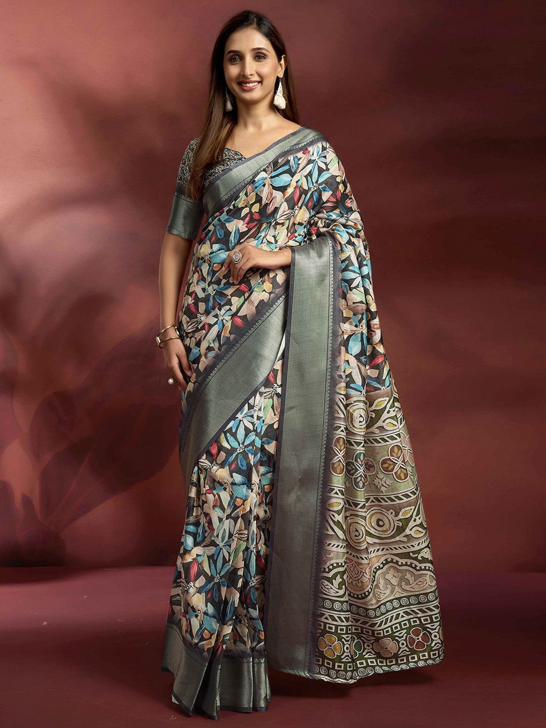 Mitera Floral Printed Woven Design Zari Saree