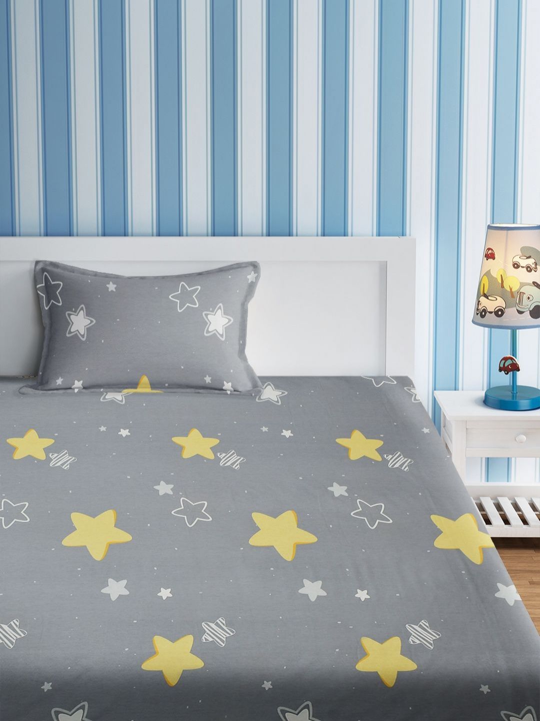 URBAN DREAM Kids Grey & Yellow Geometric Cotton 210 TC Single Bedsheet Set-1.5 m x 2.3 m