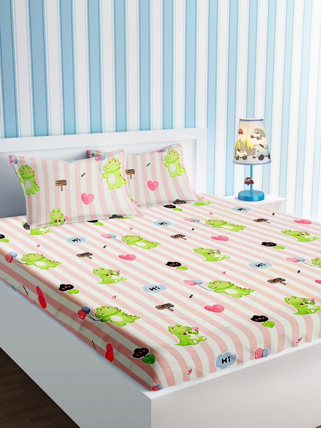 URBAN DREAM Kids Pink & White Graphic Cotton 210 TC Double Queen Bedsheet Set-2.3m x 2.54m