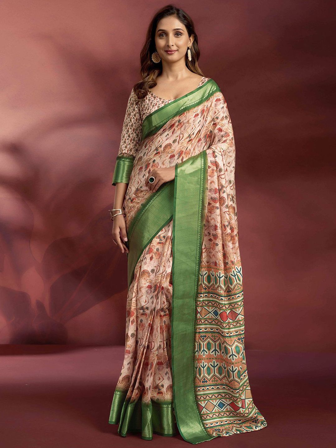 Mitera Floral Printed Zari Ready to Wear Saree
