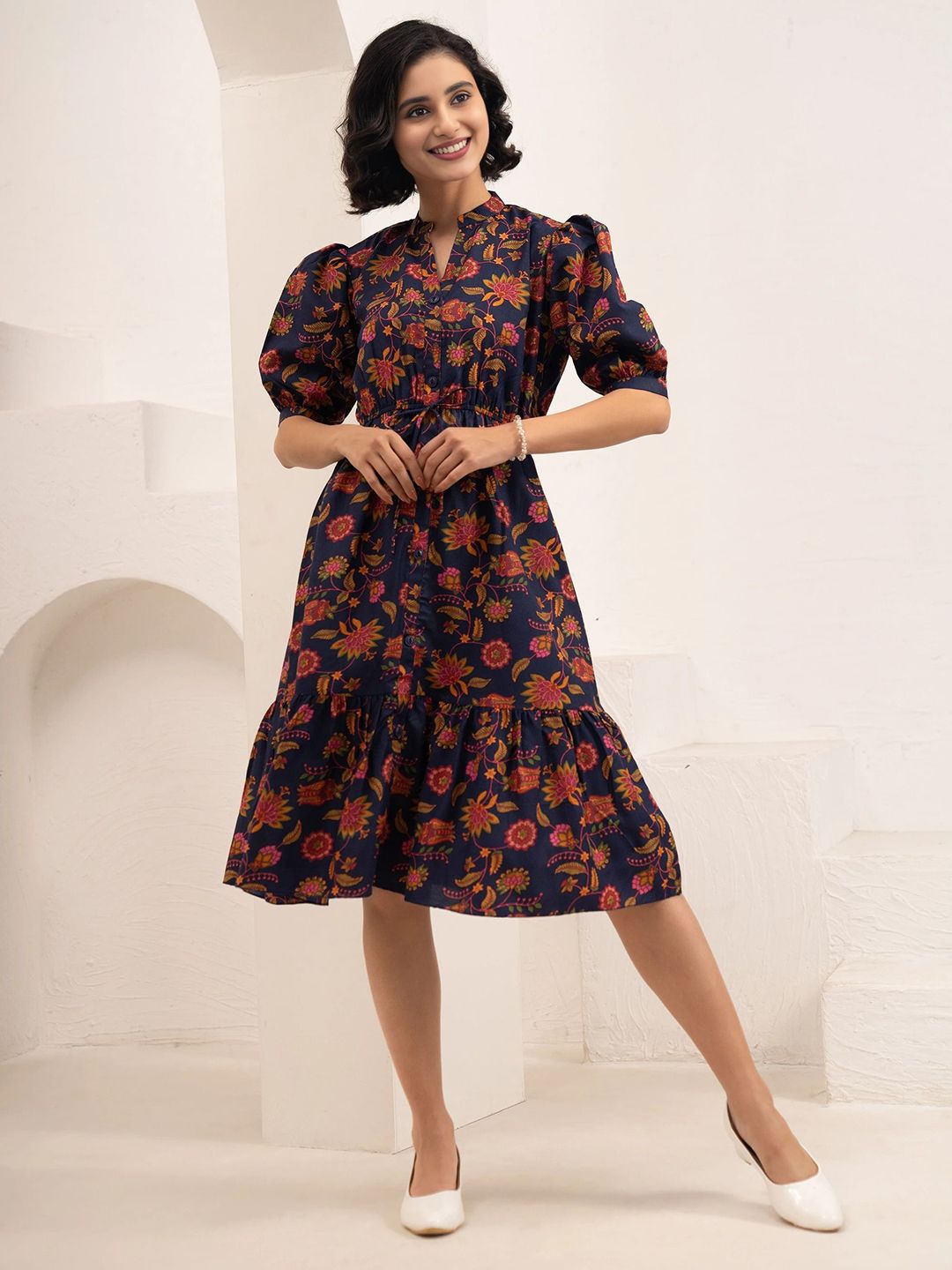 knee length dresses for ladies Tan Floral Embroidered Midi Dress - All Dresses