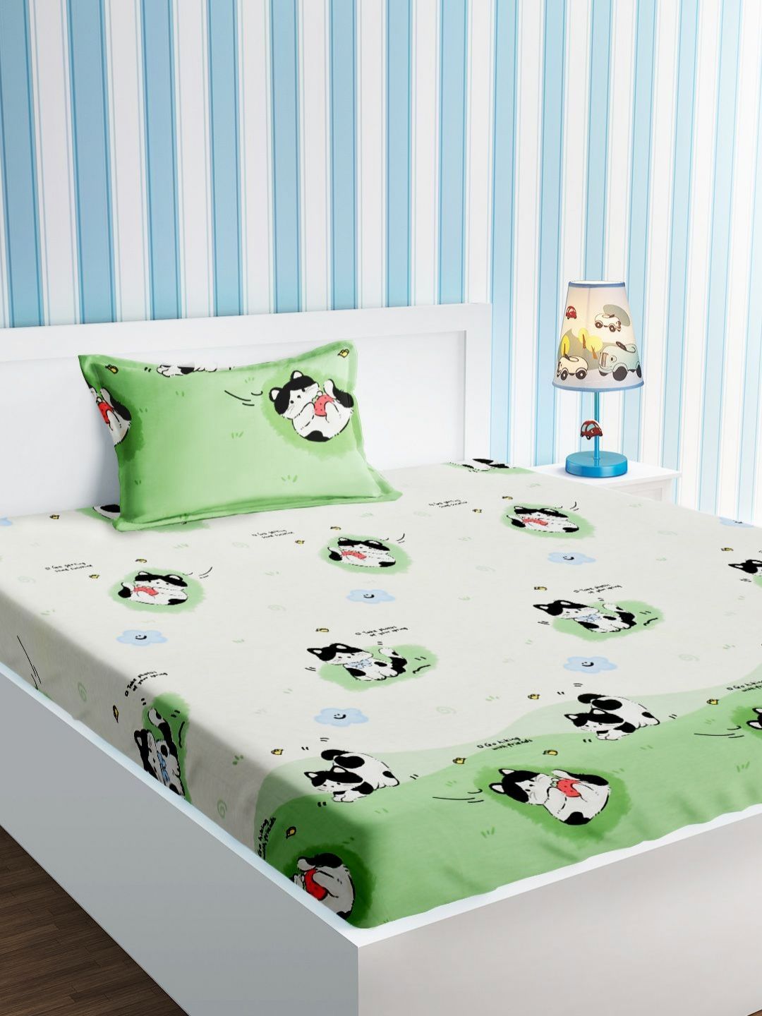 URBAN DREAM Kids Green & Off White Graphic Cotton 210 TC Single Bedsheet Set-1.5 m x 2.3 m