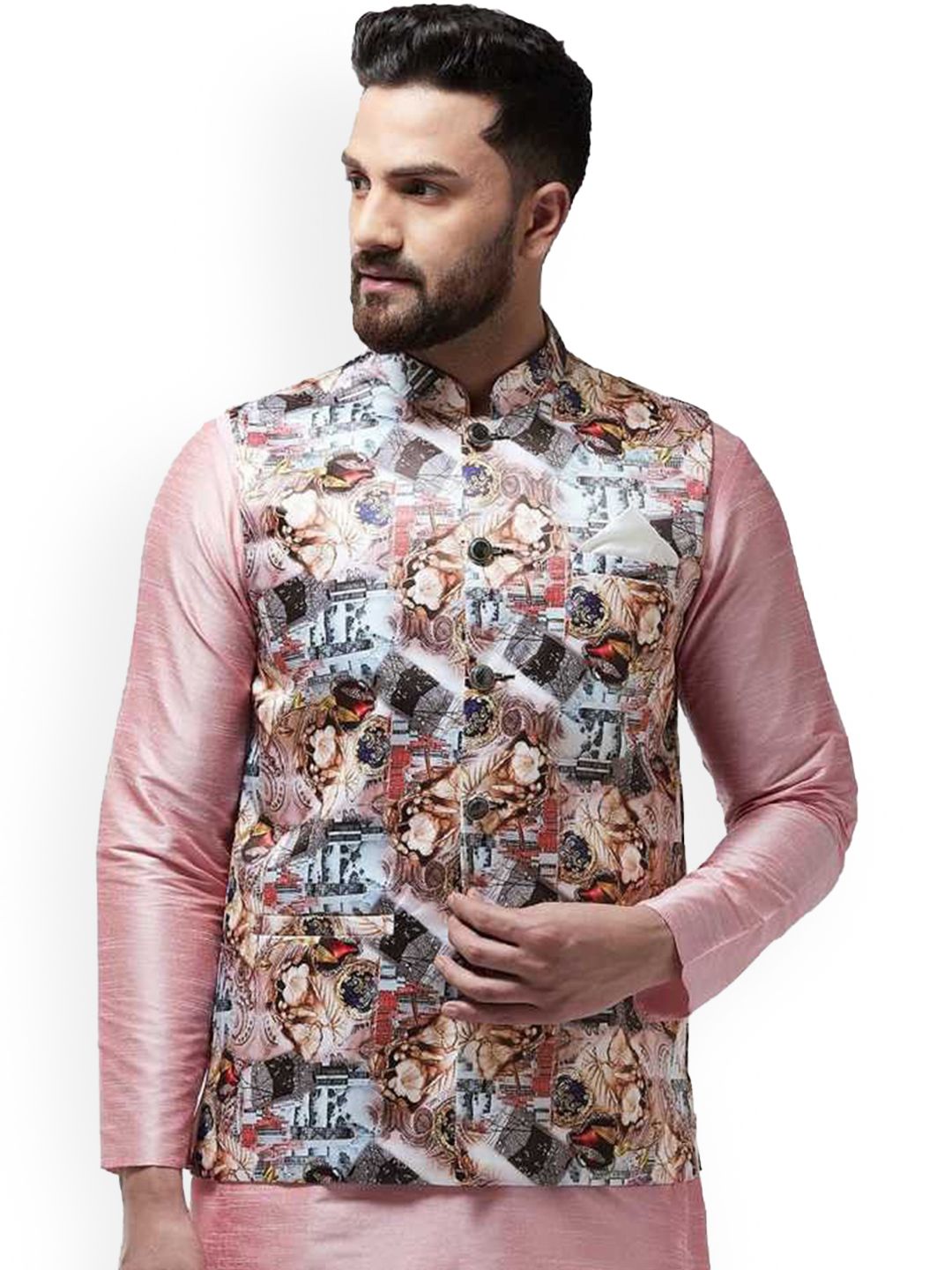 B BEN Printed Mandarin Collar Neck Woven Nehru Jacket