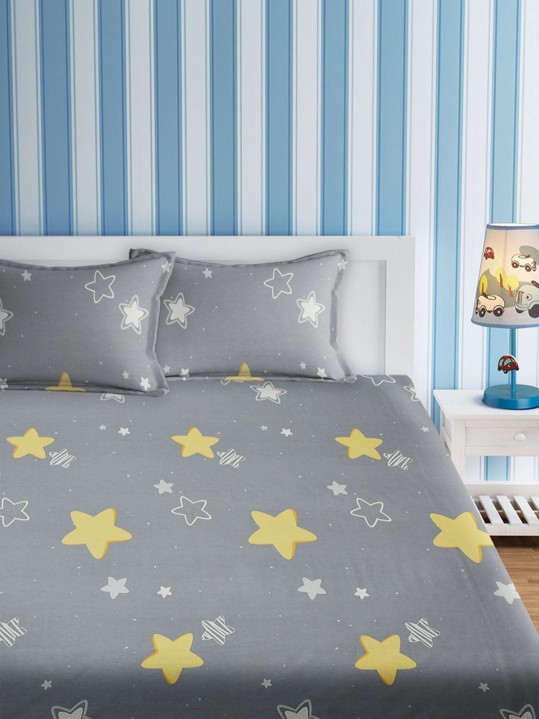 URBAN DREAM Kids Grey & Yellow Geometric Cotton 210TC Double Queen Bedsheet Set-2.3mx2.54m