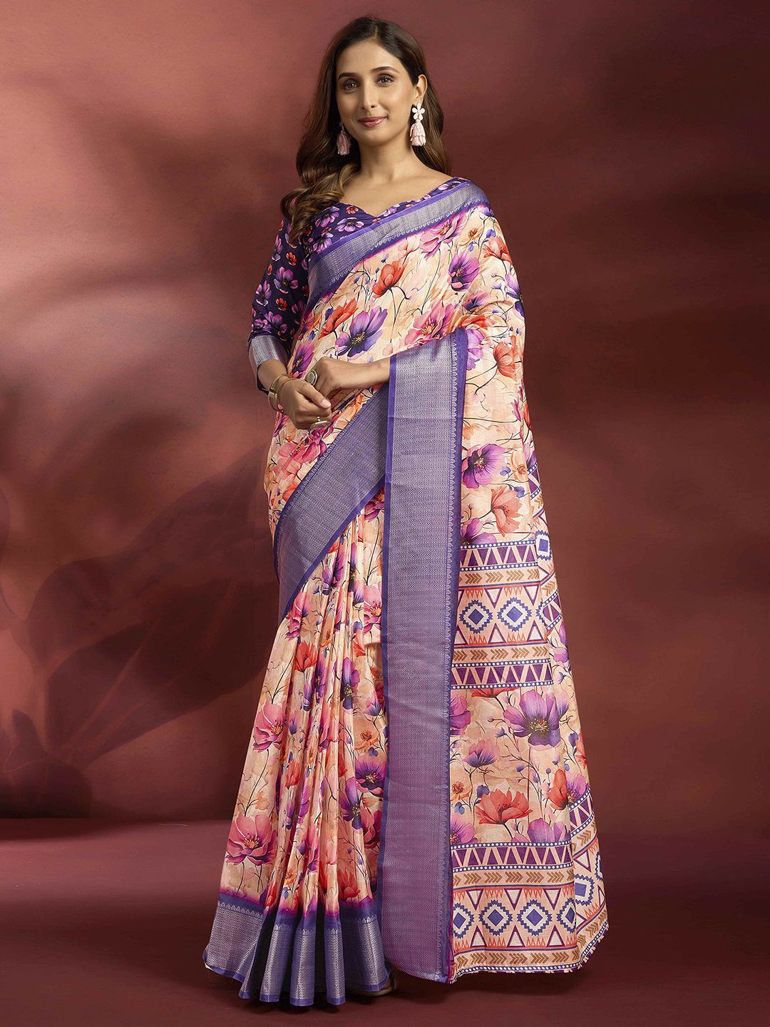 Mitera Floral Printed Zari Ready to Wear Saree