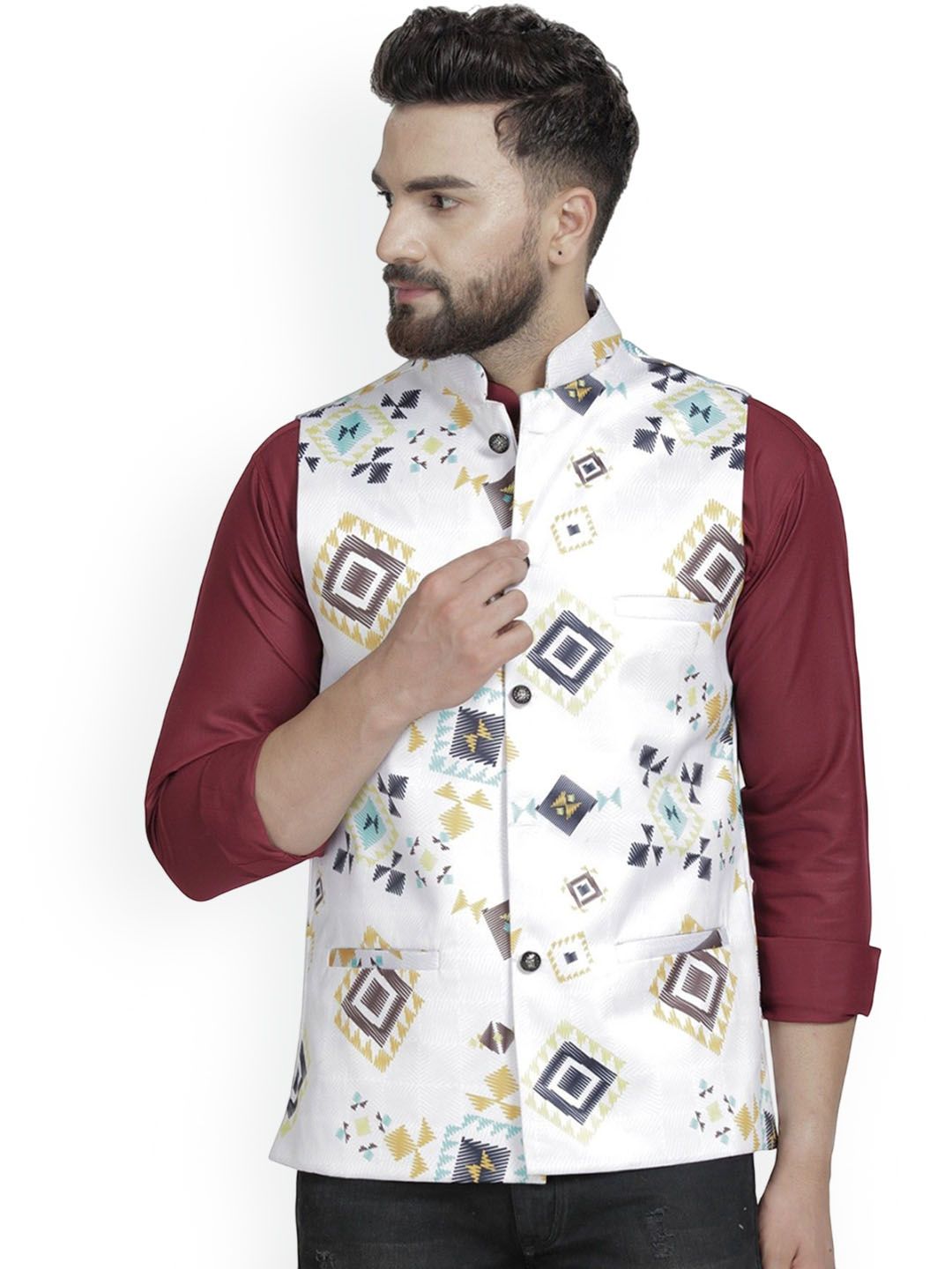 B BEN Printed Mandarin Collar Neck Woven Nehru Jackets