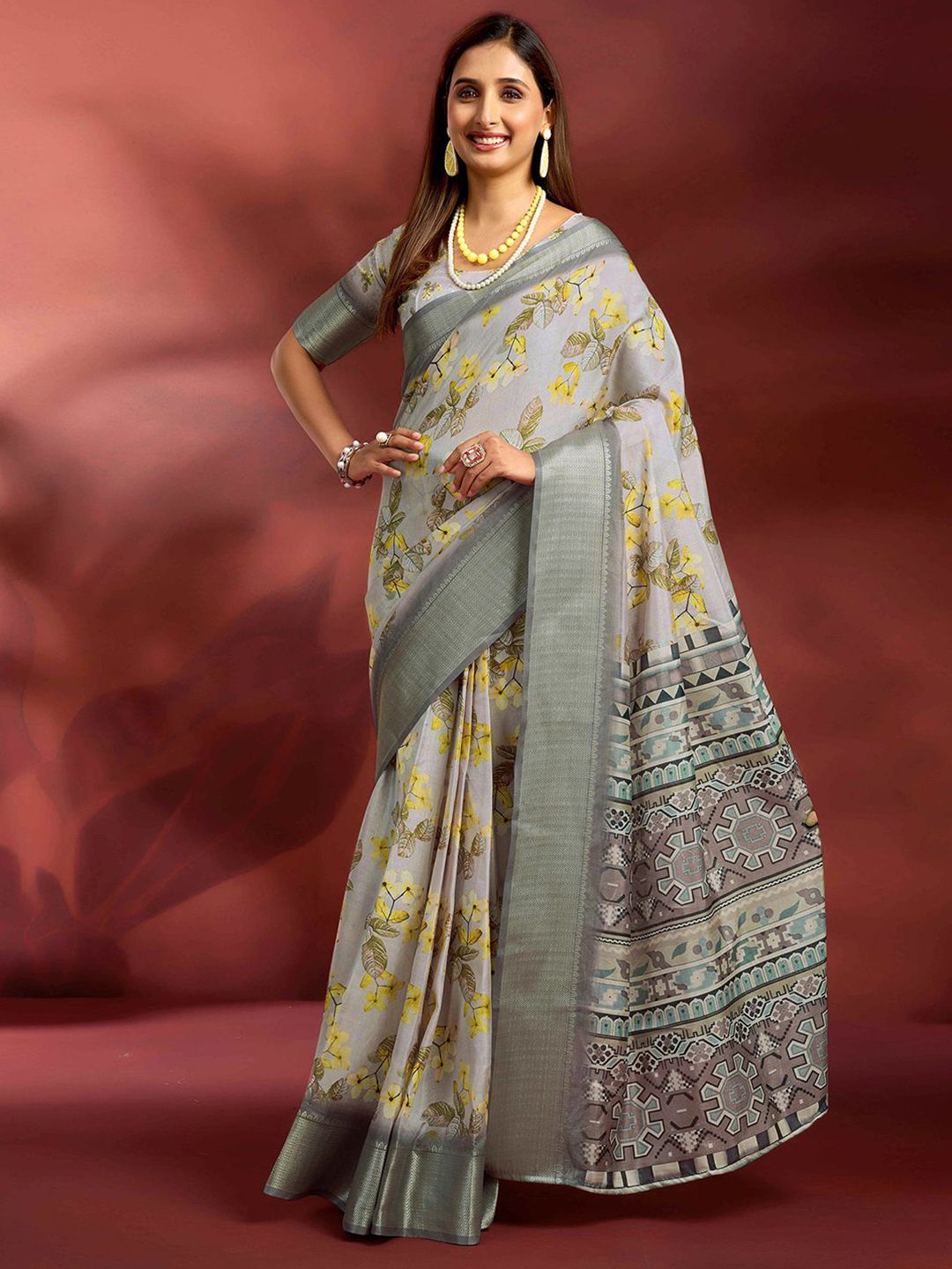 Mitera Floral Printed Zari Ready to Wear Saree With Unstiched Blouse Piece