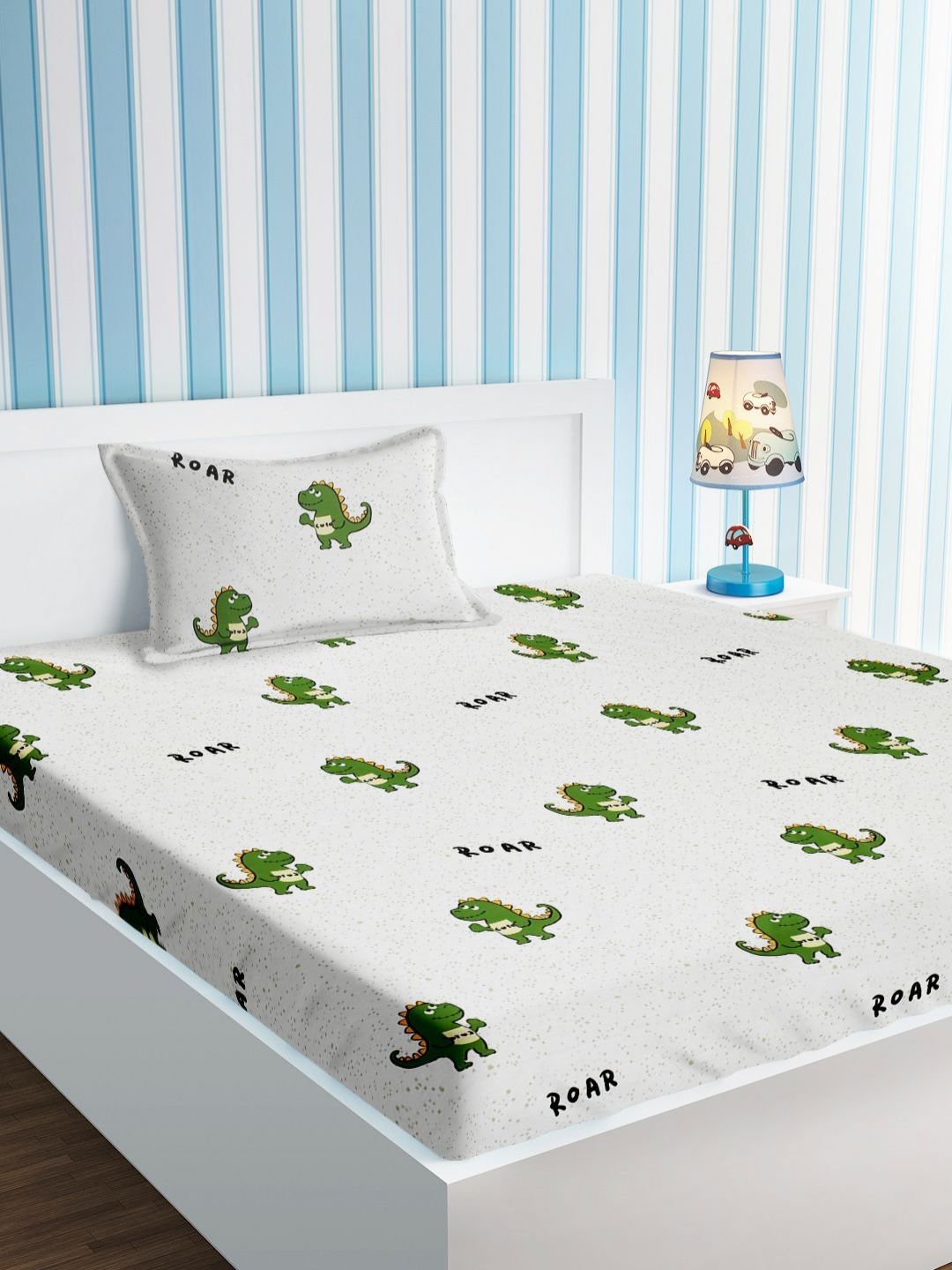 URBAN DREAM Kids White & Green Graphic Cotton 210 TC Single Bedsheet Set-1.5 m x 2.3 m