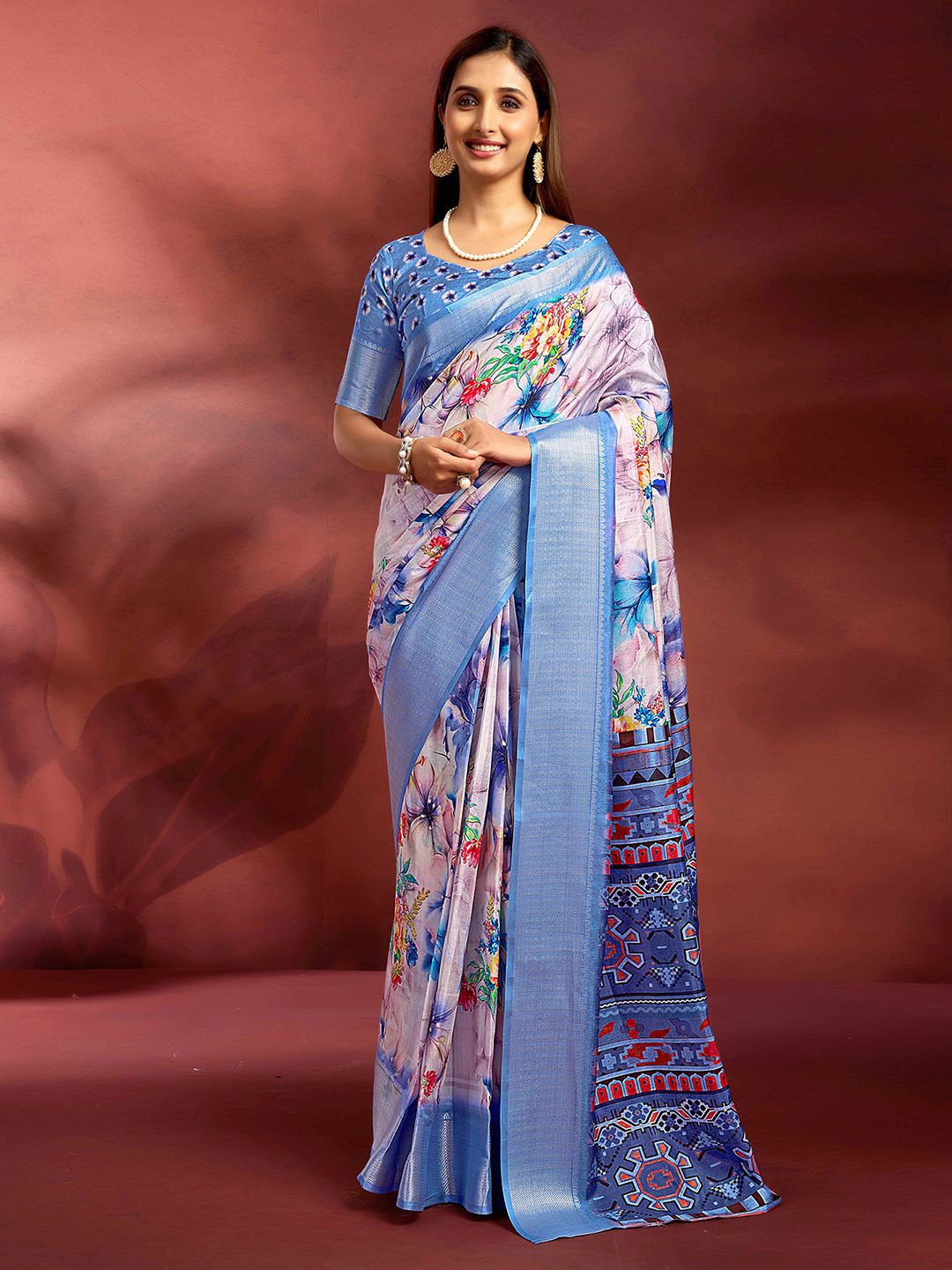 Mitera Floral Printed Zari Saree