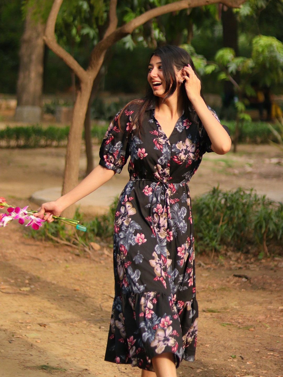 slim fit dress slacks Kaidyn Navy Floral Print Midi Dress main image 0