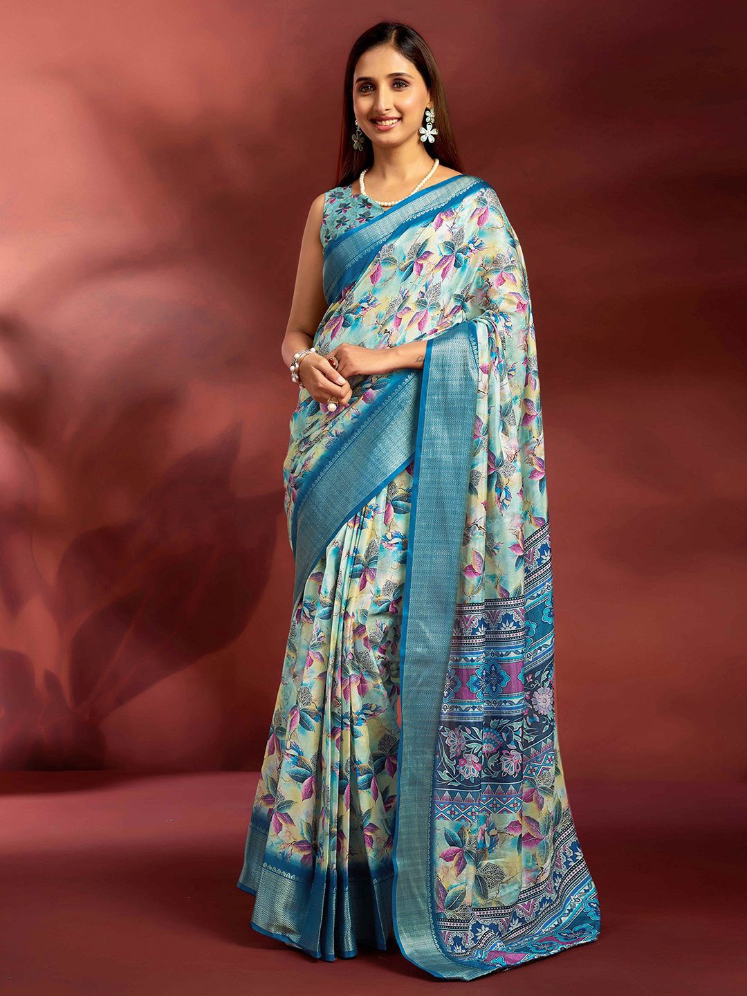 Mitera Floral Printed Zari Ready to Wear Saree