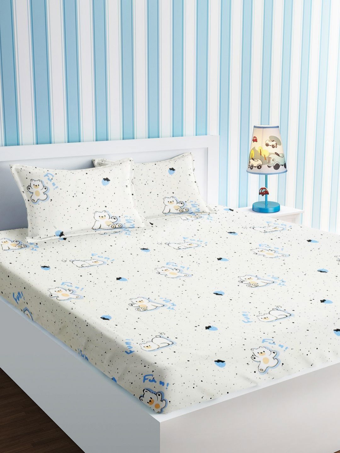 URBAN DREAM Kids White & Blue Graphic Cotton 210 TC Double Queen Bedsheet Set-2.3m x 2.54m