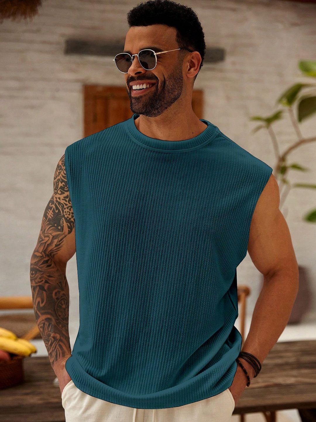 KAJARU Men Striped Round Neck Sleeveless T-shirt