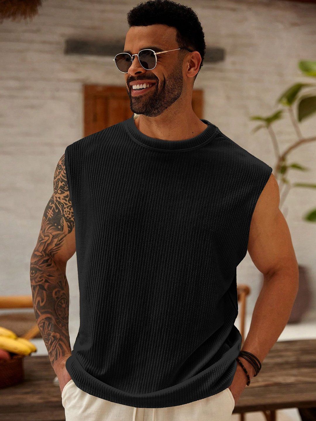 KAJARU Men Self Design Ribbed Regular Fit Sleeveless T-shirt