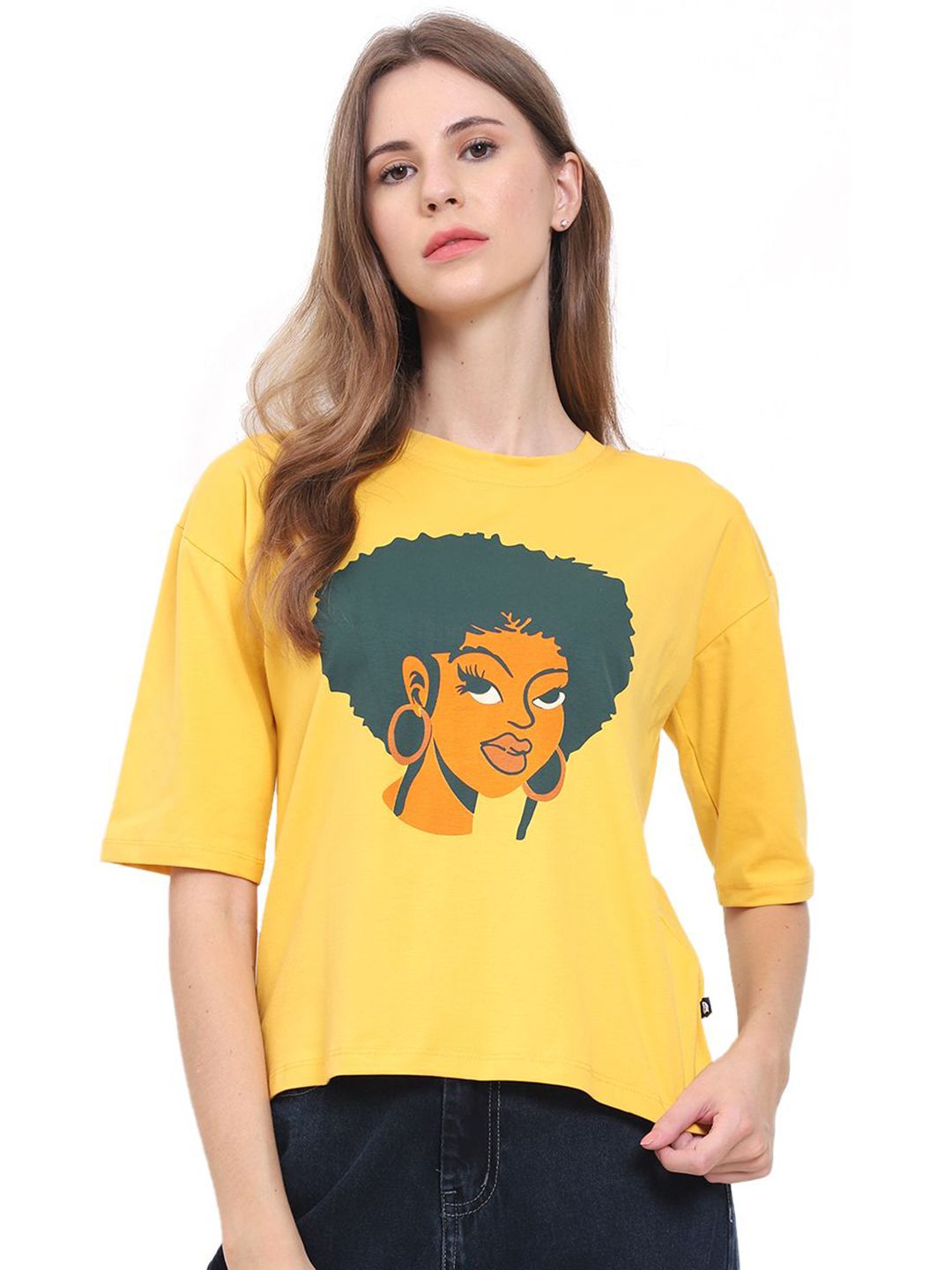God's Club Women Graphic Printed Drop-Shoulder Sleeves Cotton T-shirt