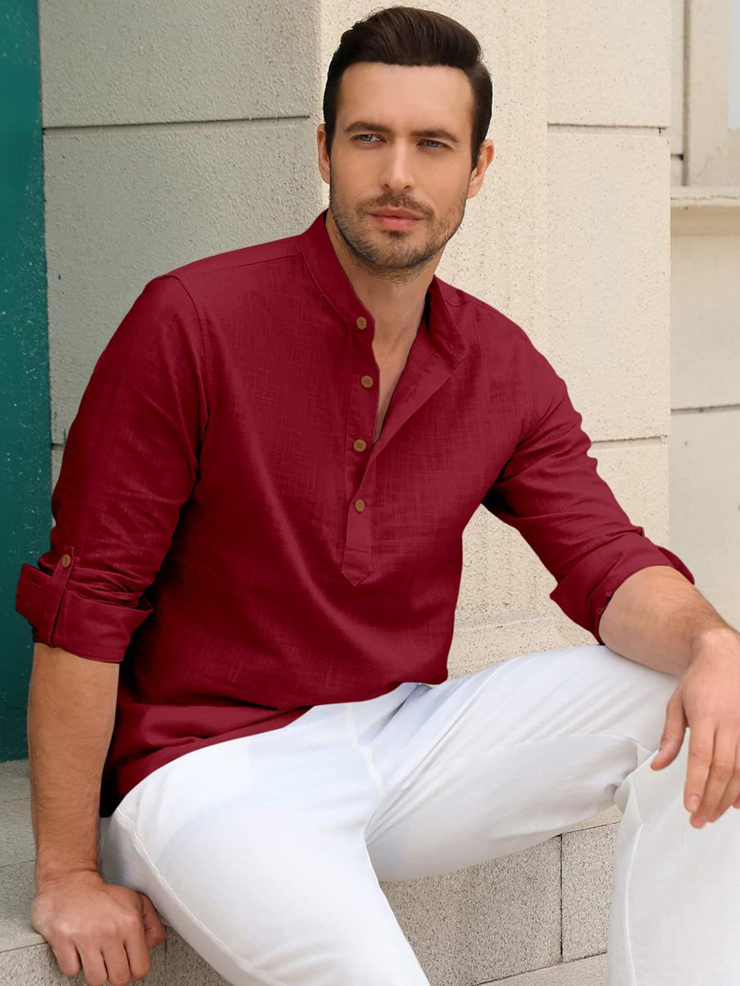 Zombom Men Mandarin Collar Roll-Up Sleeves Straight Kurta