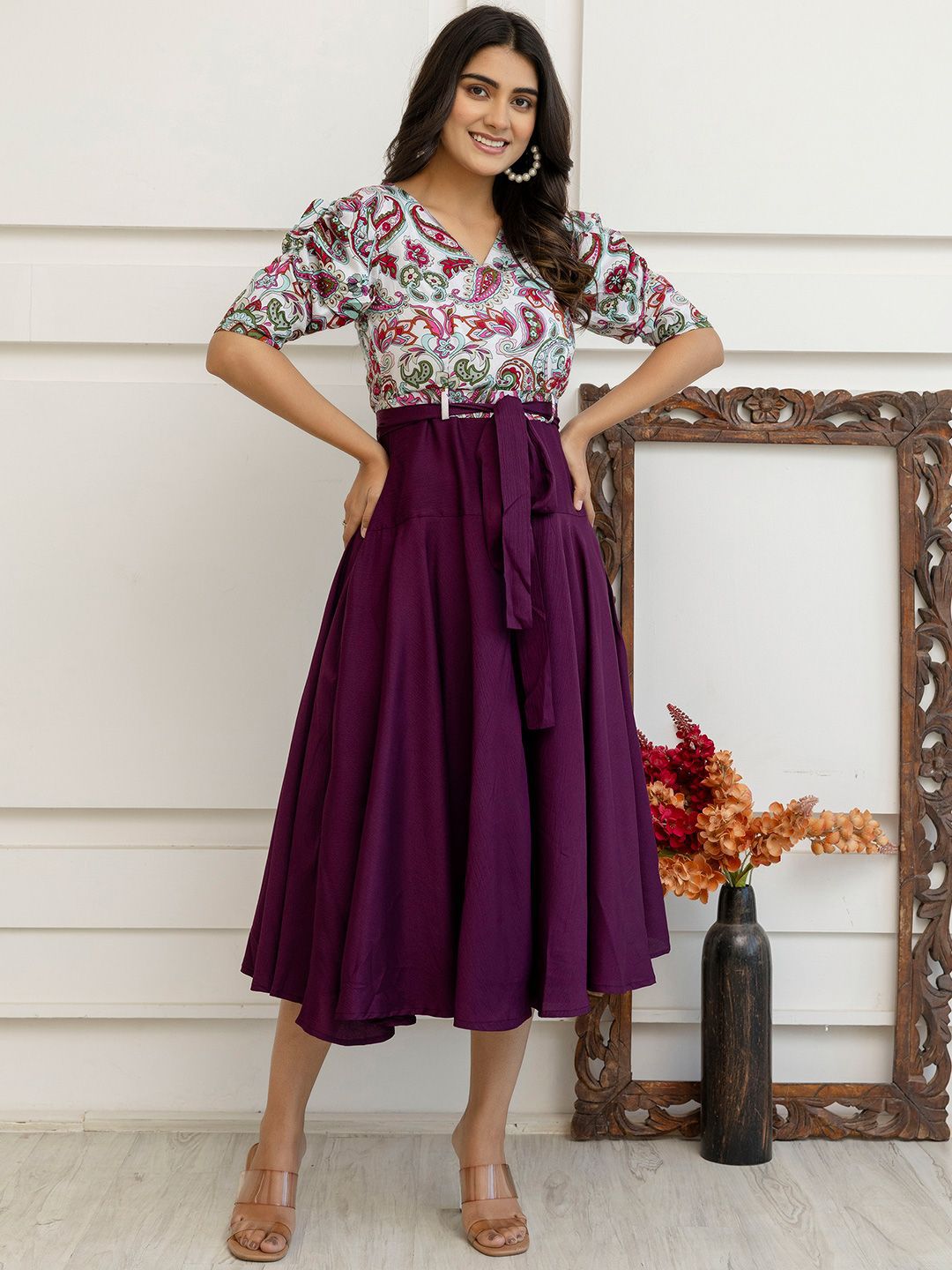 Buy SHINISHA Women Paisley Print Puff Sleeve Fit & Flare Midi