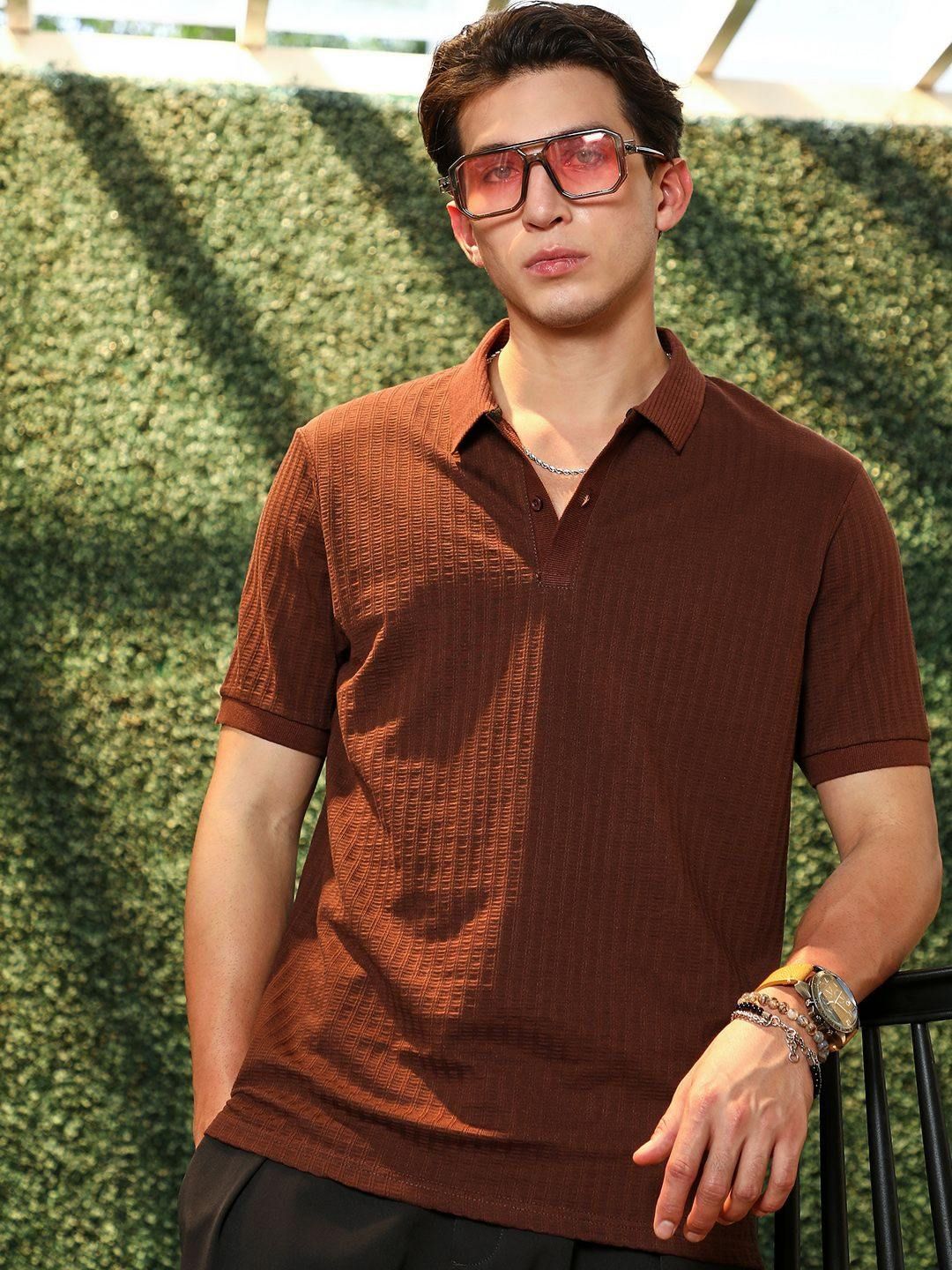 CAHOOT Men Self Design Polo Collar Cotton T-shirt