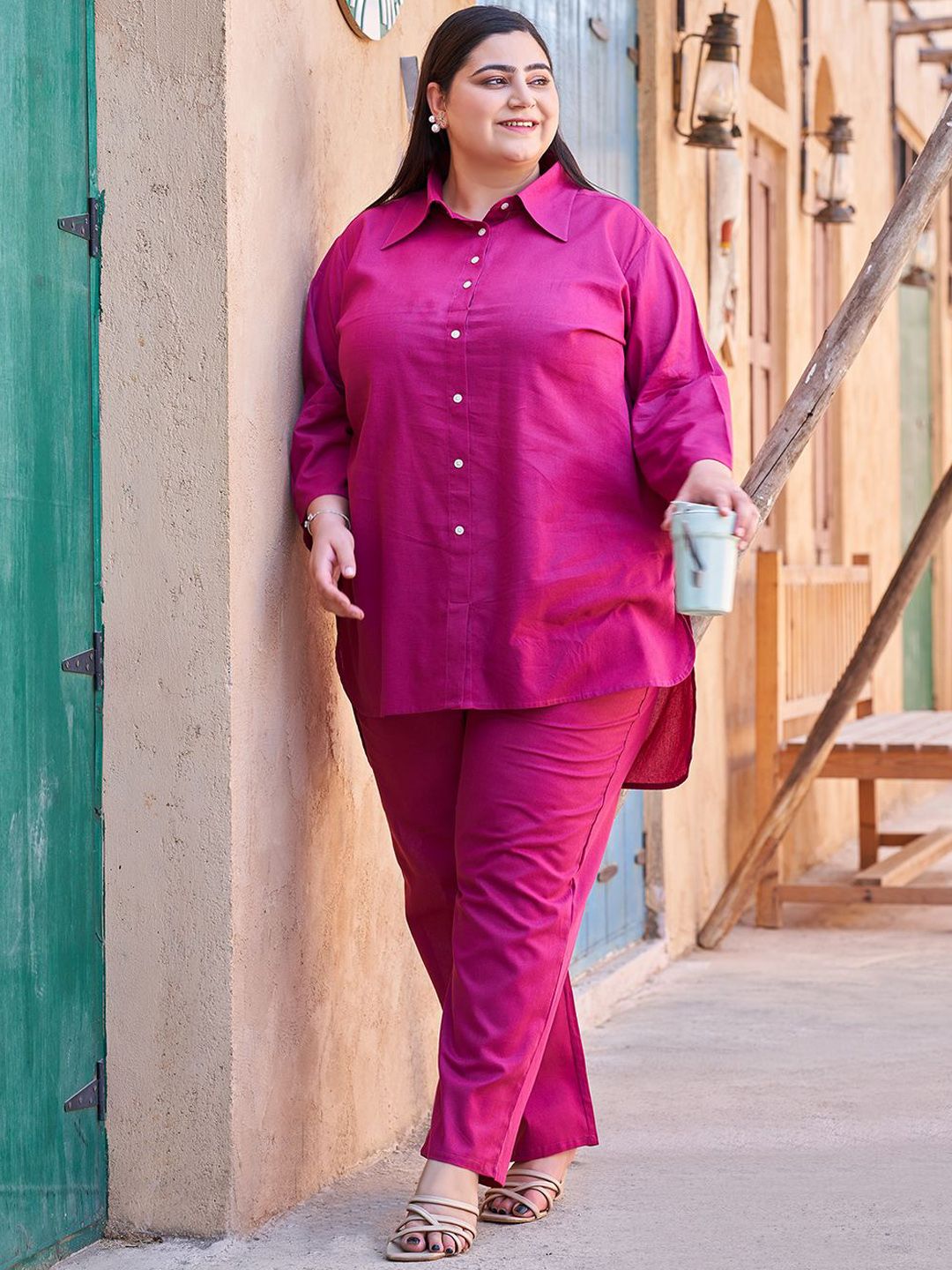 TITTLI Women Plus Size Collared Three-Quarter Sleeves Tunic Shirt With Trouser Co-Ord Set