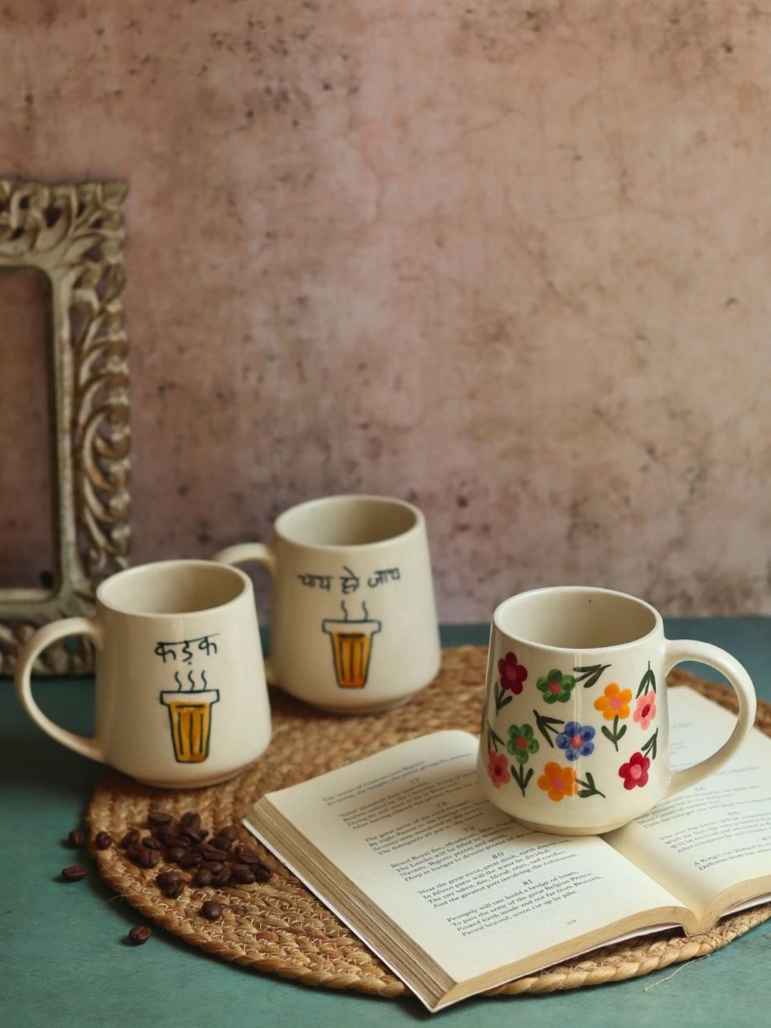 WEAVING HOMES White & Blue 3 Pieces Printed Ceramic Glossy Mugs