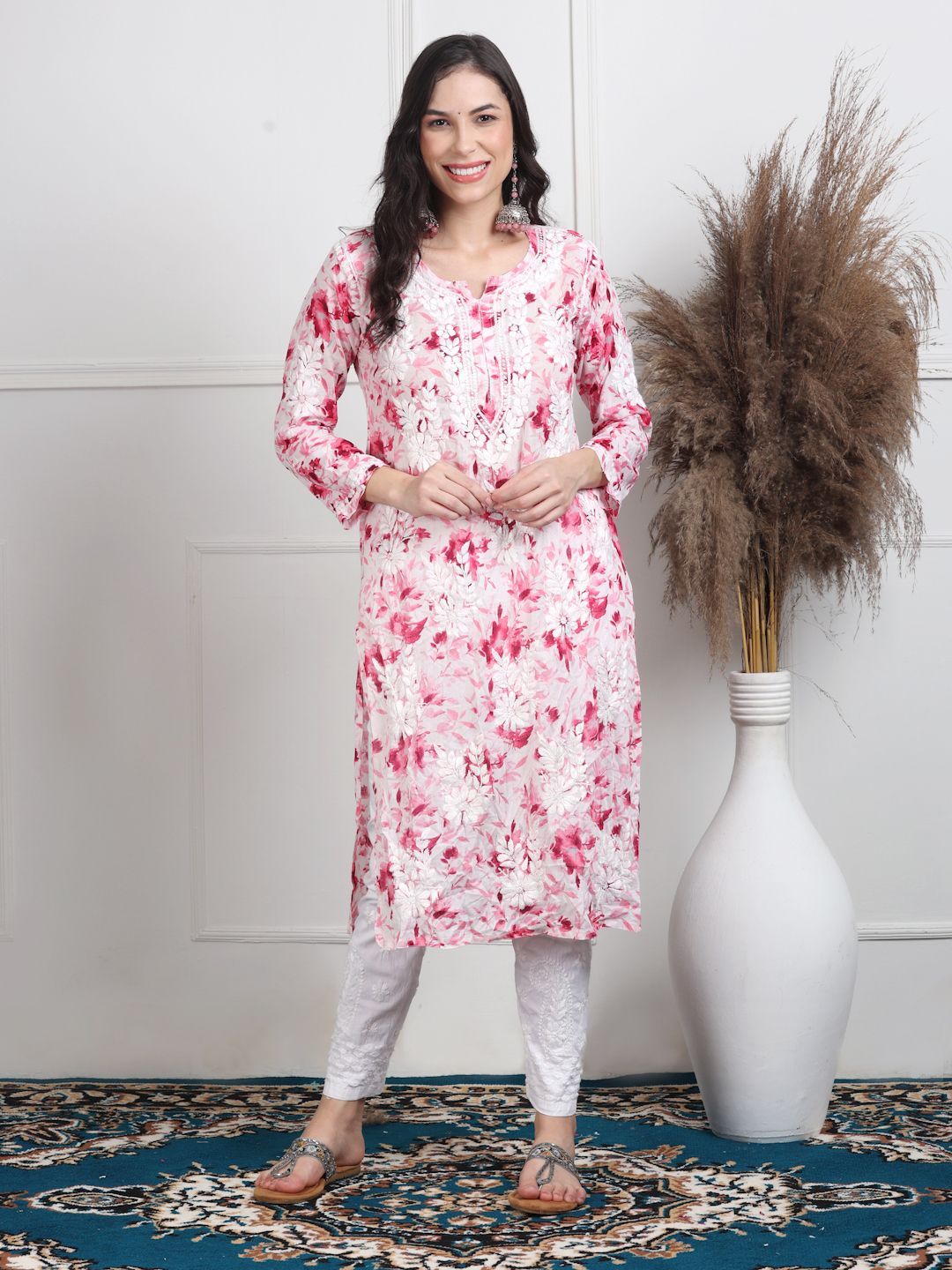KHAKA Women Floral Embroidered Festive Linen Straight Kurta